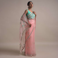 Pastel Pink Saree In Organza Adorned With Sequins, Thread And Pearls Work In Floral Pattern Online - Kalki Fashion