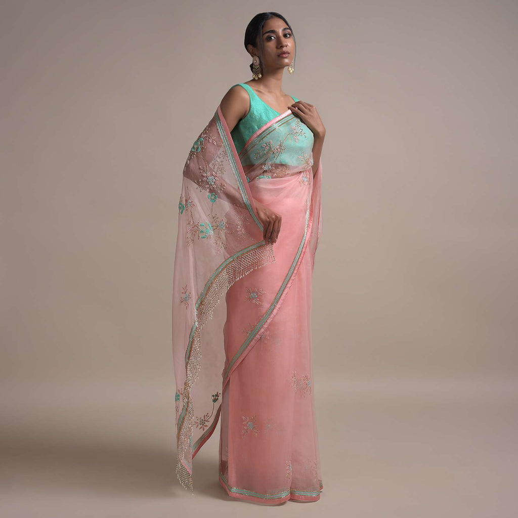 Pastel Pink Saree In Organza Adorned With Sequins, Thread And Pearls Work In Floral Pattern Online - Kalki Fashion