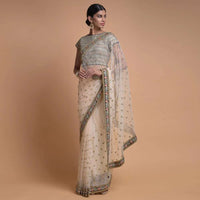 Ivory Beige Saree In Net With Floral Buttis And Resham Embroidered Floral Border Online - Kalki Fashion