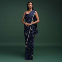 Ink Black Saree In Chinon With Stones, Pearls And Cut Dana Embellished Vintage Vine Pattern Online - Kalki Fashion