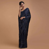 Midnight Blue Saree In Satin With Kundan Work In Wave Motifs Online - Kalki Fashion