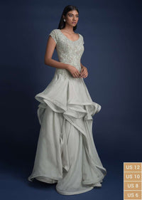 Fog Grey Indowestern Gown In Organza With Asymmetric Cut Layers Online - Kalki Fashion