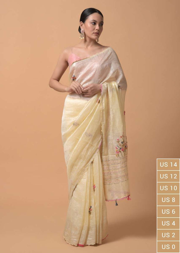 Cream Saree In Linen With Hand Embroidered Floral Motifs Using Colorful Thread And Sequins Online - Kalki Fashion