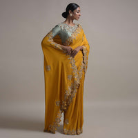 Mustard Saree In Satin Silk With Bud Embroidery And Mirror Work Online - Kalki Fashion