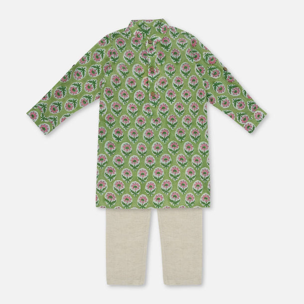 Kalki Pista Green Printed Kurta Pant Set In Cotton For Boys