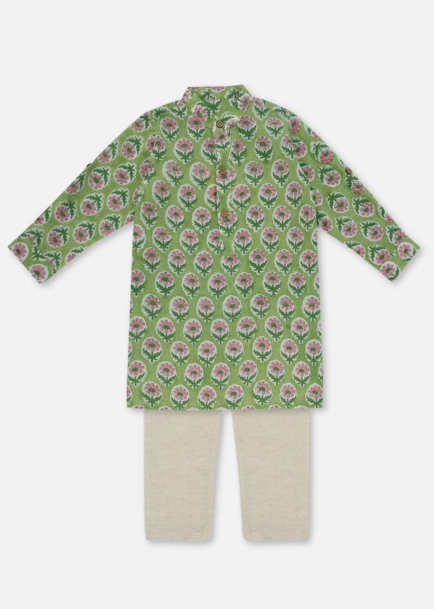 Kalki Pista Green Printed Kurta Pant Set In Cotton For Boys