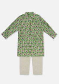 Kalki Pista Green Printed Kurta Pant Set In Cotton For Boys