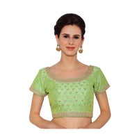 Parrot Green Blouse In Raw Silk With Sequins Embroidery Online - Kalki Fashion