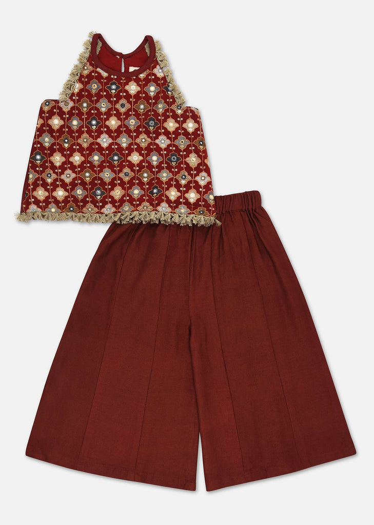 Kalki Red Top And Palazzo Set In Georgette With Multicolor Embroidery For Girls