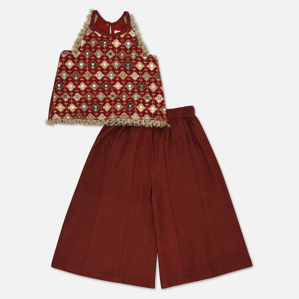 Kalki Red Top And Palazzo Set In Georgette With Multicolor Embroidery For Girls