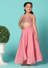 Kalki Coral Pink Embroidered Top And Lehenga Set With Jacket In Silk For Girls