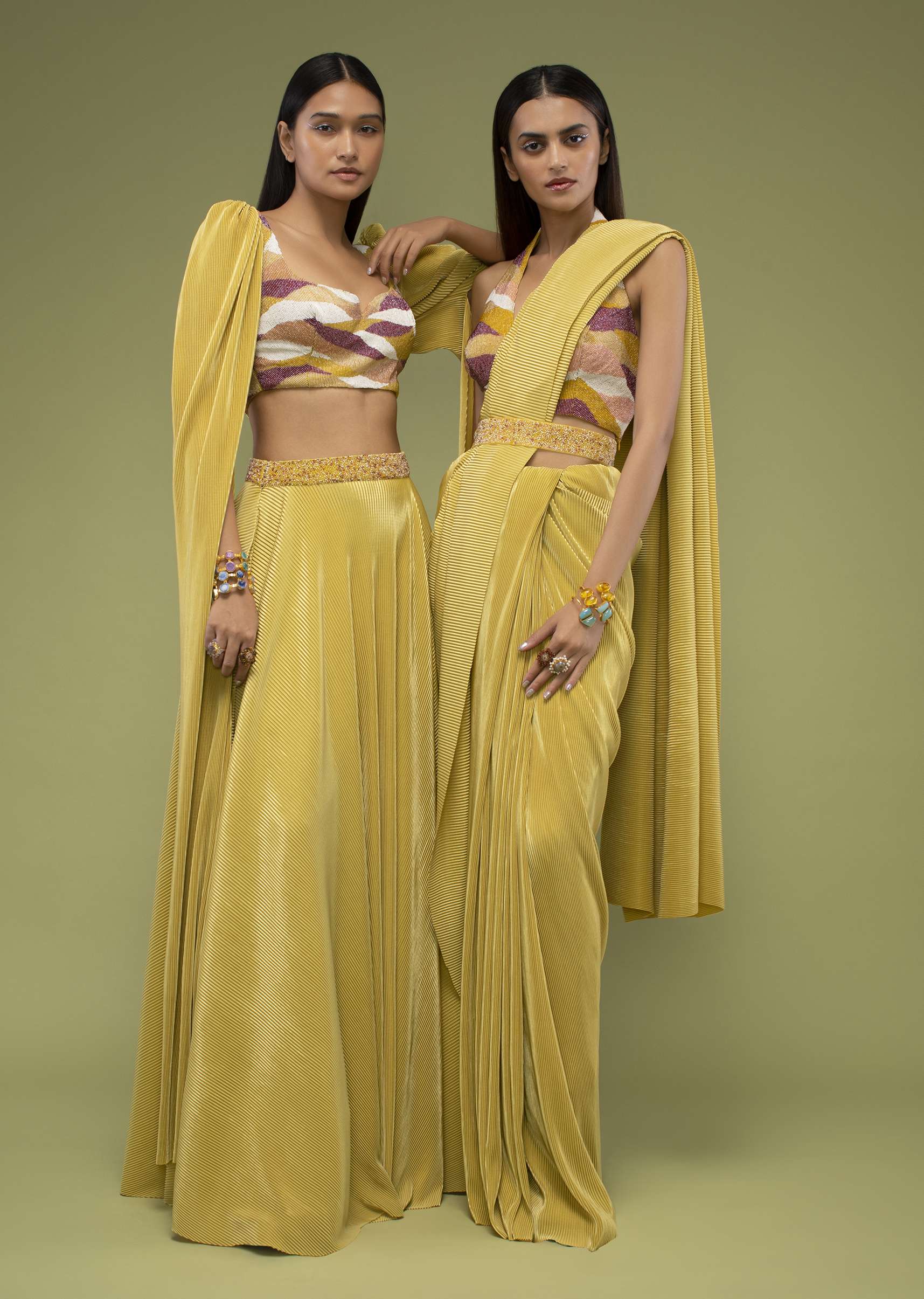 Mustard Yellow Lehenga And Crop Top In Long Cape Sleeves, Crafted In Crush With A Side Zip Closure