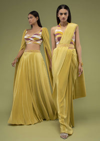 Mustard Yellow Ready-Pleated Saree In The Crush, Paired With The Crop Top In Sleeveless And A Plunging V Neckline