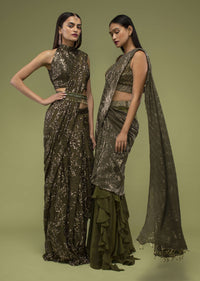 Military Olive Ready Pleated Saree In Sequins Embroidery, Crafted In Net With Side Zip Closure