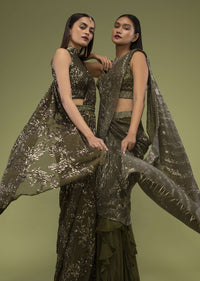 Military Olive Shimmer Crush Ruffled Ready-Pleated Saree, Crafted In Crush With Sequins Embroidery All Over With A Side Zip Closure