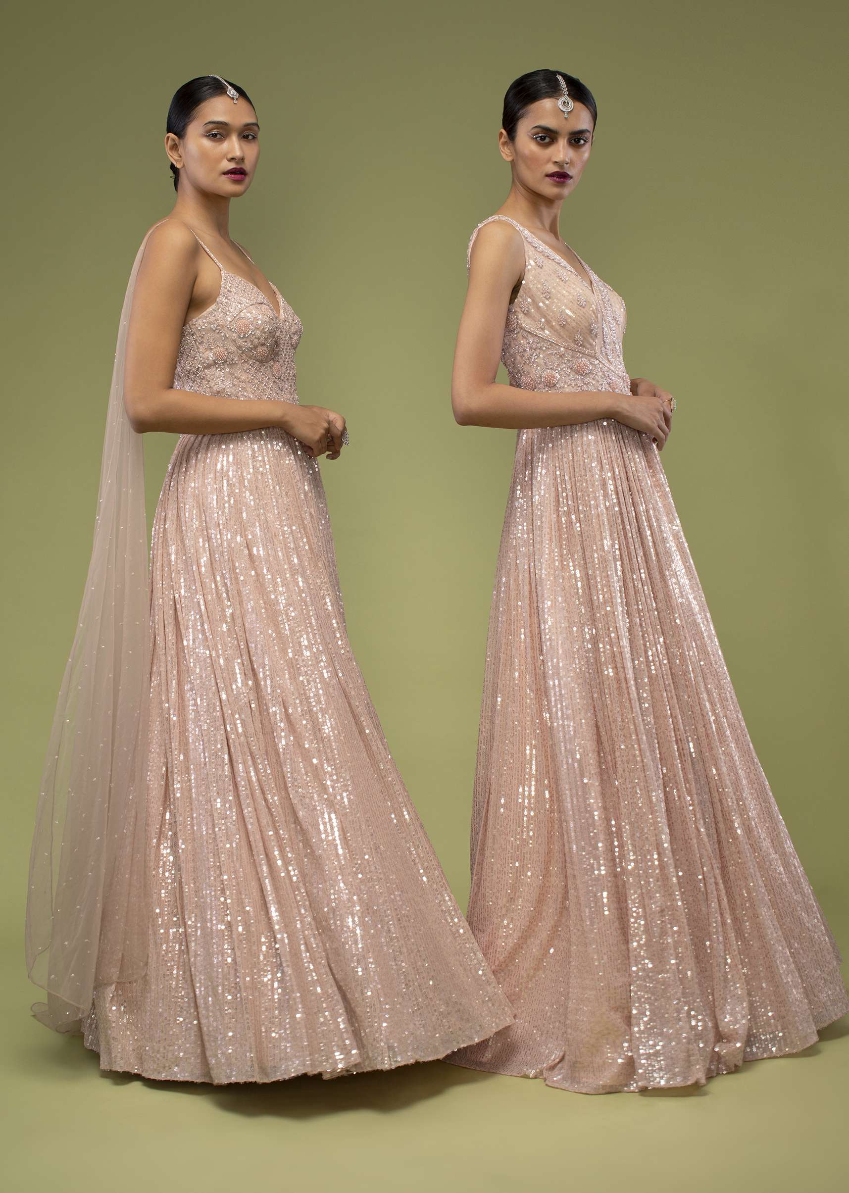 Evening Sand Gown With A Veil In Sequins Embroidery, Crafted In Net With Spaghetti Straps And A Corset Neckline