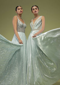 Metallic Mint Green Gown In Shimmer Crush With A Sheer Cut Dana Embellished Bodice