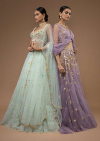 Mint Lehenga And A Crop Top Set Crafted In Net With Sequins And Resham Work