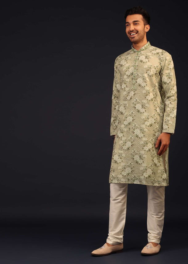 Aqua Green Embroidered Kurta Set With Vintage Floral Print