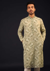 Aqua Green Embroidered Kurta Set With Vintage Floral Print