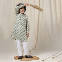 Kalki Green Silk Kurta Set With Threadwork For Boys