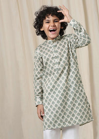 Kalki Green Silk Kurta Set With Threadwork For Boys