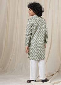 Kalki Green Silk Kurta Set With Threadwork For Boys