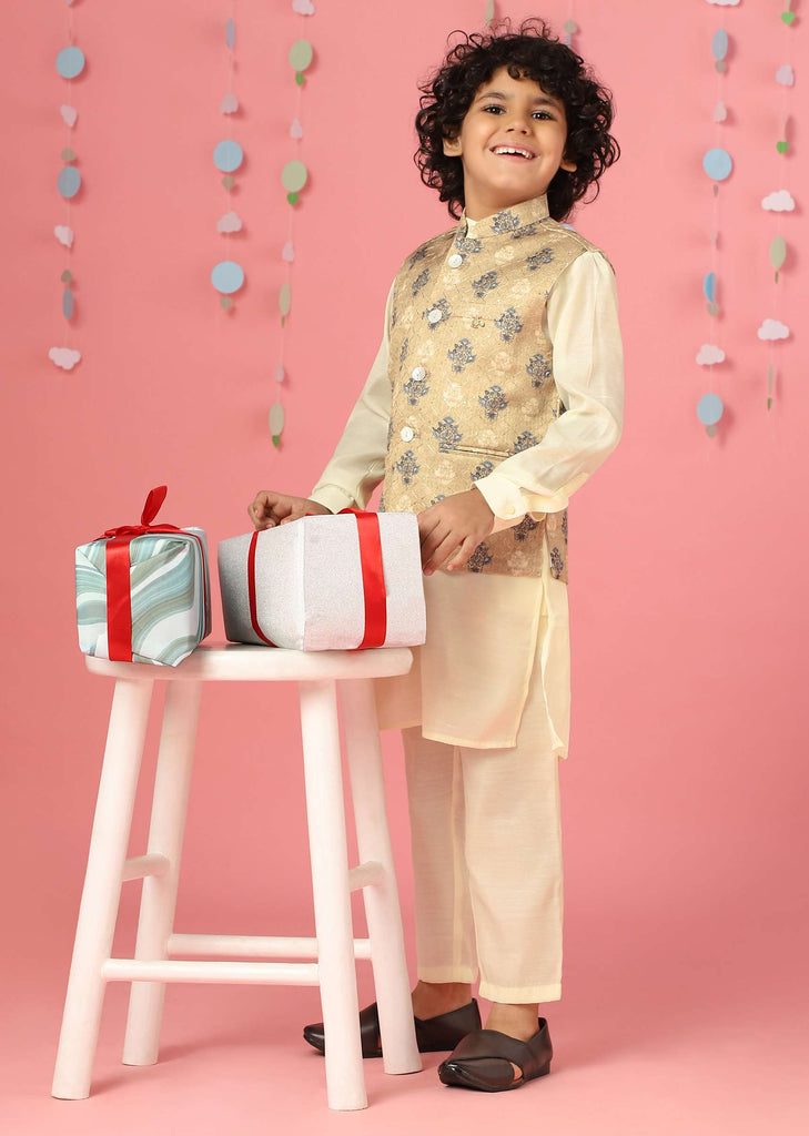 Kalki Afterglow Yellow Kurta Set With Printed Bandi Jacket In Silk For Boys