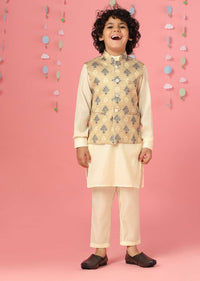 Kalki Afterglow Yellow Kurta Set With Printed Bandi Jacket In Silk For Boys