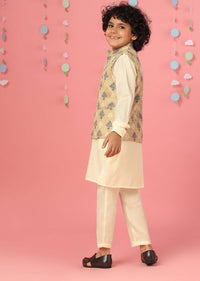 Kalki Afterglow Yellow Kurta Set With Printed Bandi Jacket In Silk For Boys