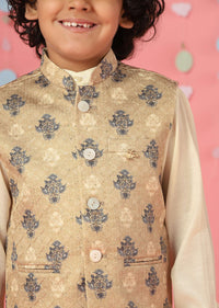 Kalki Afterglow Yellow Kurta Set With Printed Bandi Jacket In Silk For Boys