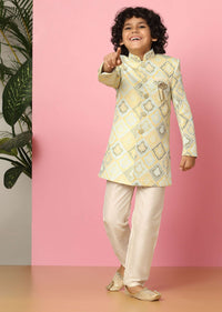 Kalki Afterglow Yellow Sherwani Set In Raw Silk With Threadwork For Boys