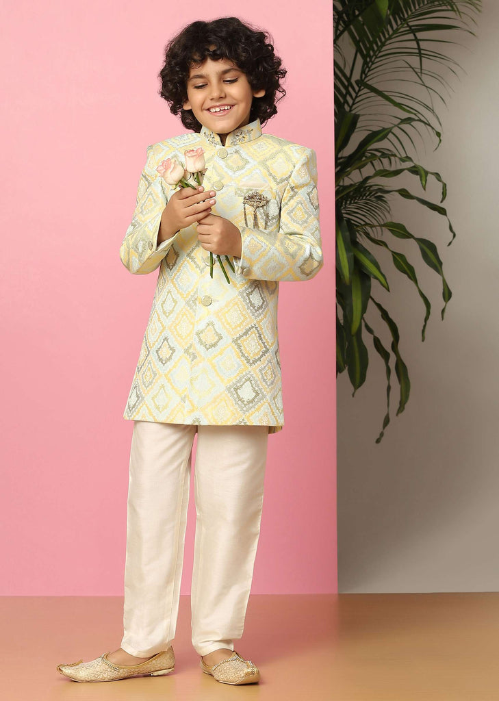 Kalki Afterglow Yellow Sherwani Set In Raw Silk With Threadwork For Boys