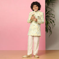 Kalki Afterglow Yellow Sherwani Set In Raw Silk With Threadwork For Boys