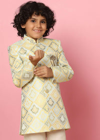 Kalki Afterglow Yellow Sherwani Set In Raw Silk With Threadwork For Boys