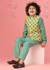 Kalki Agate Green Kurta Set In Silk With Lemon Chrome Yellow Bandi Jacket For Boys