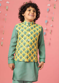 Kalki Agate Green Kurta Set In Silk With Lemon Chrome Yellow Bandi Jacket For Boys