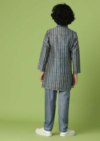 Kalki Airforce Blue Boys Jacket Kurta Set In Silk With Printed Motifs And Threadwork