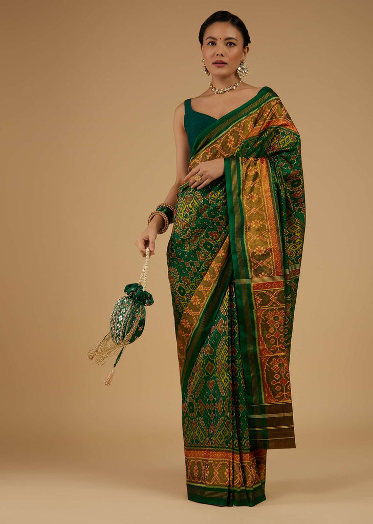 Jade Green Saree In Silk With Ikat Weave Patola Work