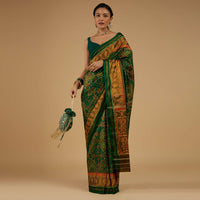 Jade Green Saree In Silk With Ikat Weave Patola Work