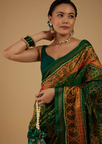 Jade Green Saree In Silk With Ikat Weave Patola Work