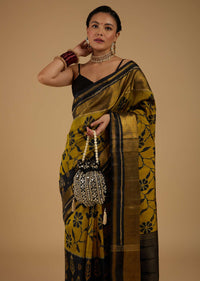 Kalki Antique Moss Green And Black Saree In Silk With Ikat Weave Patola Floral Work