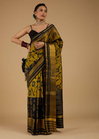 Kalki Antique Moss Green And Black Saree In Silk With Ikat Weave Patola Floral Work