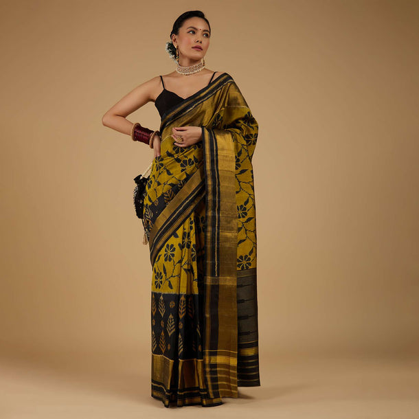 Kalki Antique Moss Green And Black Saree In Silk With Ikat Weave Patola Floral Work