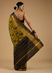 Kalki Antique Moss Green And Black Saree In Silk With Ikat Weave Patola Floral Work