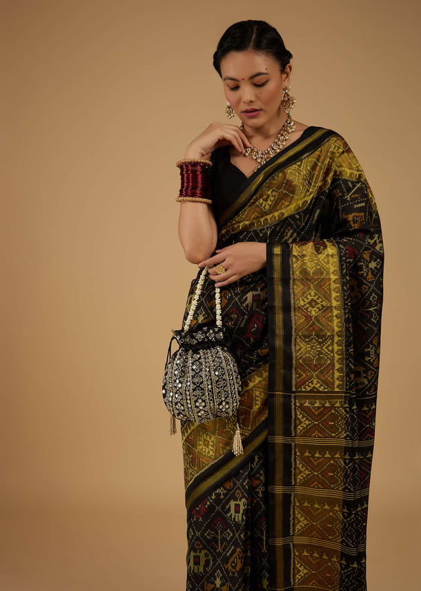 Bright Moss Green & Black Saree In Pure Silk Tissue With Ikat Weave & Zari Patola Work