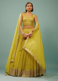 Lime Green Lehenga Choli Set In Georgette With Embroidery