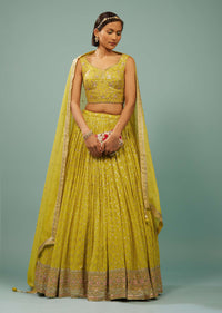 Lime Green Lehenga Choli Set In Georgette With Embroidery