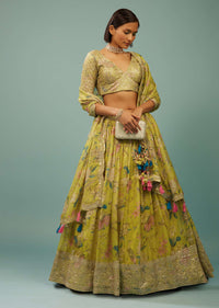 Lime Green Lehenga Choli Set In Organza With Print & Embroidery