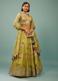 Lime Green Lehenga Choli Set In Organza With Print & Embroidery